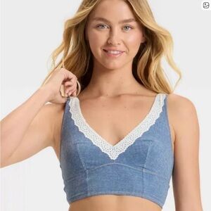 Blue Denim Bralette with Lace Trim